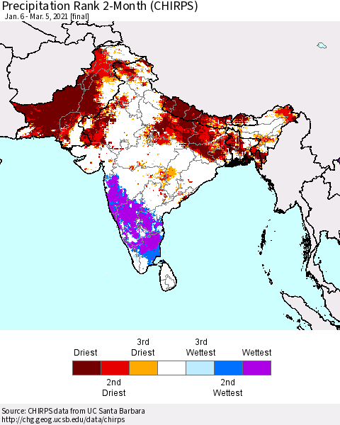 Southern Asia Precipitation Rank 2-Month (CHIRPS) Thematic Map For 1/6/2021 - 3/5/2021