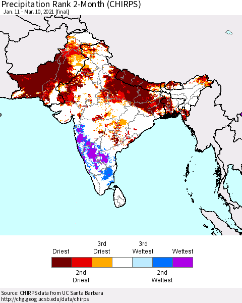Southern Asia Precipitation Rank since 1981, 2-Month (CHIRPS) Thematic Map For 1/11/2021 - 3/10/2021