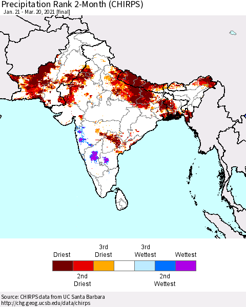 Southern Asia Precipitation Rank 2-Month (CHIRPS) Thematic Map For 1/21/2021 - 3/20/2021
