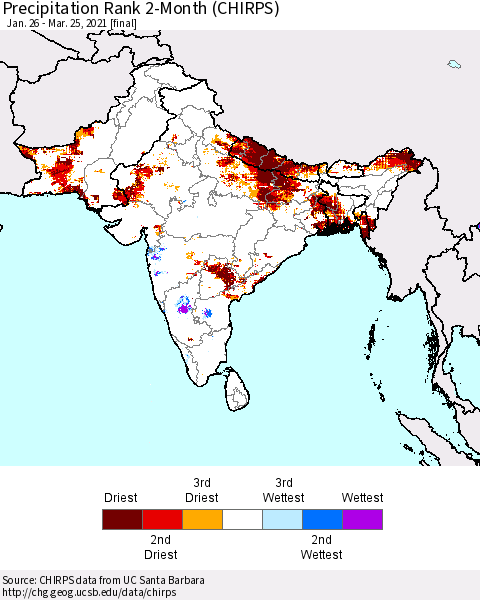 Southern Asia Precipitation Rank since 1981, 2-Month (CHIRPS) Thematic Map For 1/26/2021 - 3/25/2021