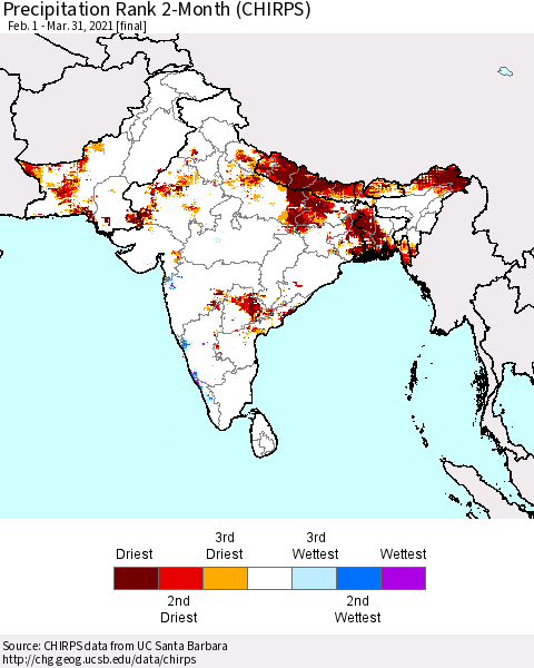 Southern Asia Precipitation Rank since 1981, 2-Month (CHIRPS) Thematic Map For 2/1/2021 - 3/31/2021