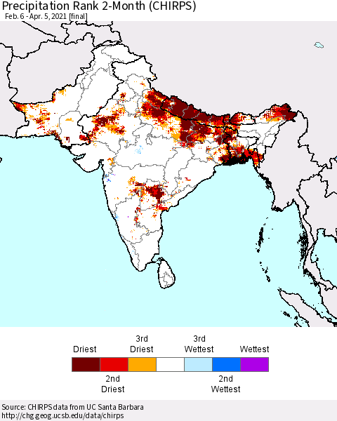Southern Asia Precipitation Rank 2-Month (CHIRPS) Thematic Map For 2/6/2021 - 4/5/2021