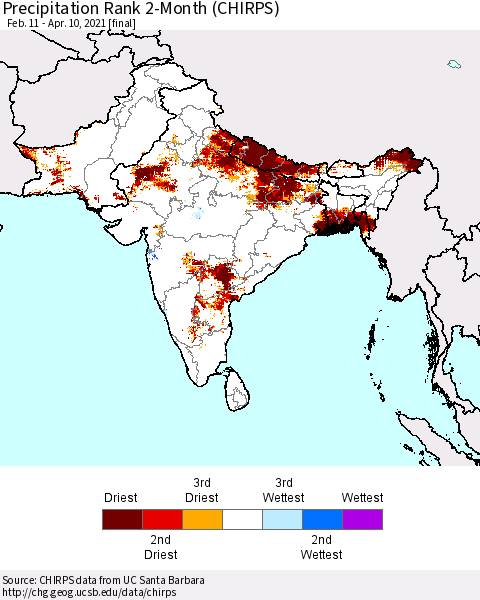 Southern Asia Precipitation Rank since 1981, 2-Month (CHIRPS) Thematic Map For 2/11/2021 - 4/10/2021
