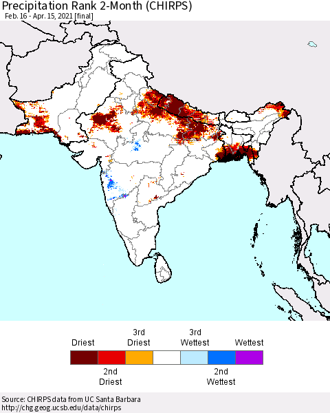 Southern Asia Precipitation Rank 2-Month (CHIRPS) Thematic Map For 2/16/2021 - 4/15/2021