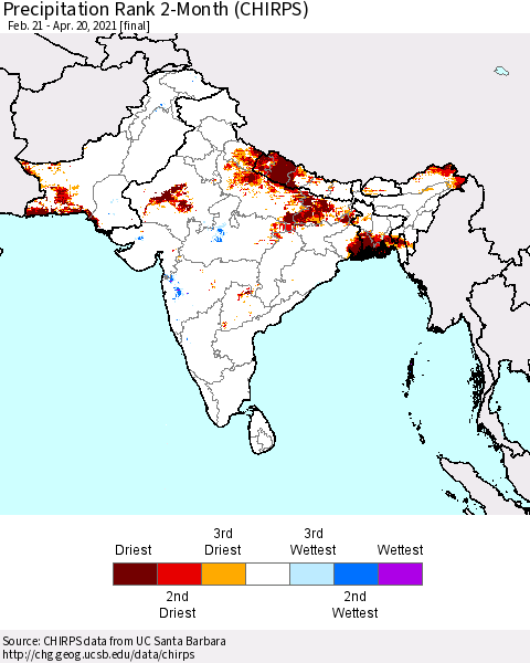 Southern Asia Precipitation Rank since 1981, 2-Month (CHIRPS) Thematic Map For 2/21/2021 - 4/20/2021