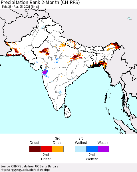 Southern Asia Precipitation Rank 2-Month (CHIRPS) Thematic Map For 2/26/2021 - 4/25/2021