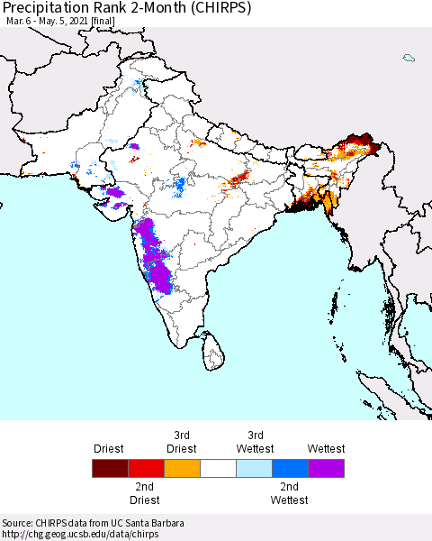 Southern Asia Precipitation Rank since 1981, 2-Month (CHIRPS) Thematic Map For 3/6/2021 - 5/5/2021