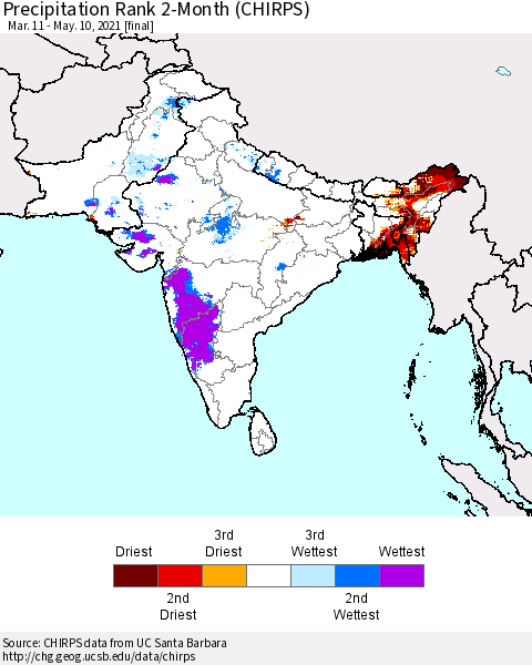 Southern Asia Precipitation Rank since 1981, 2-Month (CHIRPS) Thematic Map For 3/11/2021 - 5/10/2021