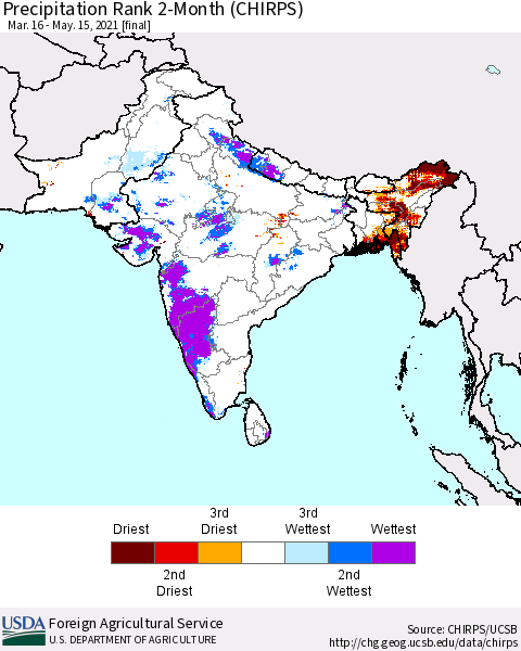 Southern Asia Precipitation Rank 2-Month (CHIRPS) Thematic Map For 3/16/2021 - 5/15/2021