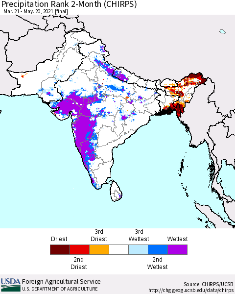 Southern Asia Precipitation Rank 2-Month (CHIRPS) Thematic Map For 3/21/2021 - 5/20/2021