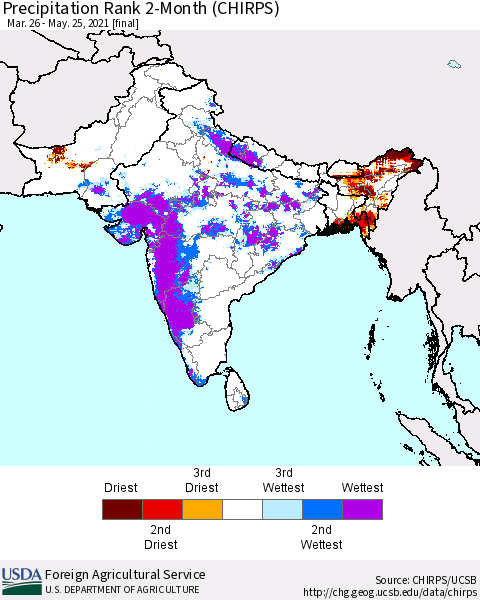 Southern Asia Precipitation Rank 2-Month (CHIRPS) Thematic Map For 3/26/2021 - 5/25/2021