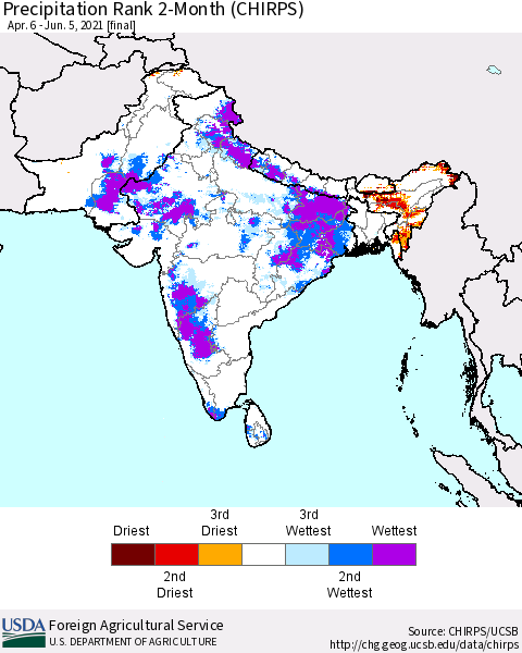 Southern Asia Precipitation Rank since 1981, 2-Month (CHIRPS) Thematic Map For 4/6/2021 - 6/5/2021