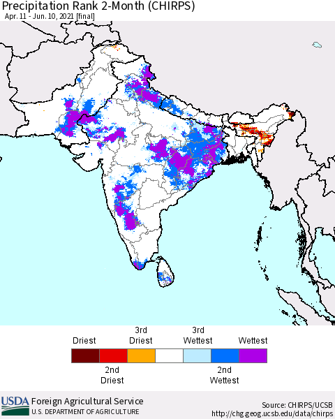 Southern Asia Precipitation Rank 2-Month (CHIRPS) Thematic Map For 4/11/2021 - 6/10/2021