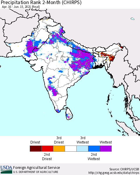 Southern Asia Precipitation Rank 2-Month (CHIRPS) Thematic Map For 4/16/2021 - 6/15/2021