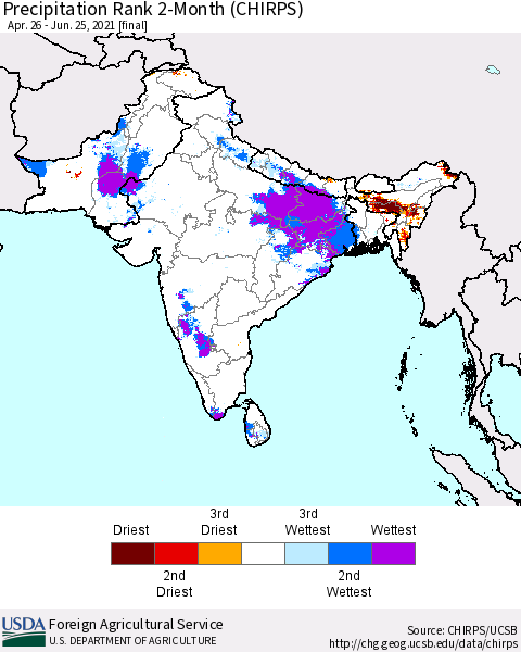 Southern Asia Precipitation Rank 2-Month (CHIRPS) Thematic Map For 4/26/2021 - 6/25/2021