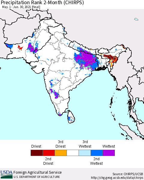 Southern Asia Precipitation Rank 2-Month (CHIRPS) Thematic Map For 5/1/2021 - 6/30/2021