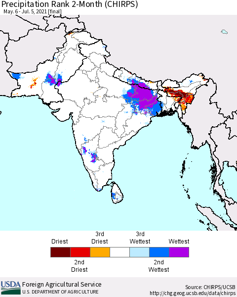 Southern Asia Precipitation Rank since 1981, 2-Month (CHIRPS) Thematic Map For 5/6/2021 - 7/5/2021