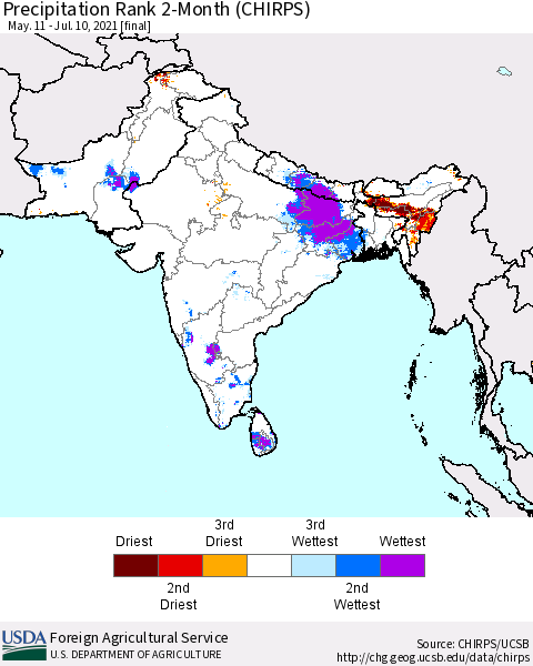 Southern Asia Precipitation Rank 2-Month (CHIRPS) Thematic Map For 5/11/2021 - 7/10/2021