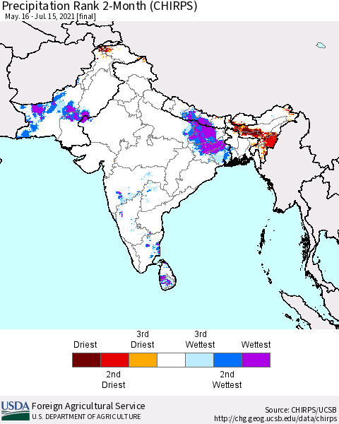 Southern Asia Precipitation Rank 2-Month (CHIRPS) Thematic Map For 5/16/2021 - 7/15/2021