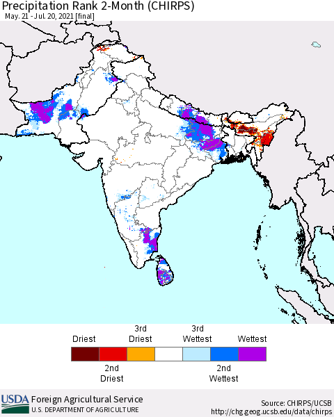 Southern Asia Precipitation Rank 2-Month (CHIRPS) Thematic Map For 5/21/2021 - 7/20/2021
