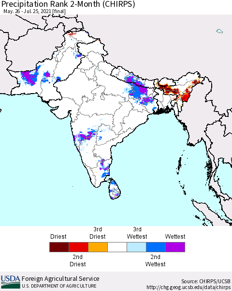 Southern Asia Precipitation Rank 2-Month (CHIRPS) Thematic Map For 5/26/2021 - 7/25/2021