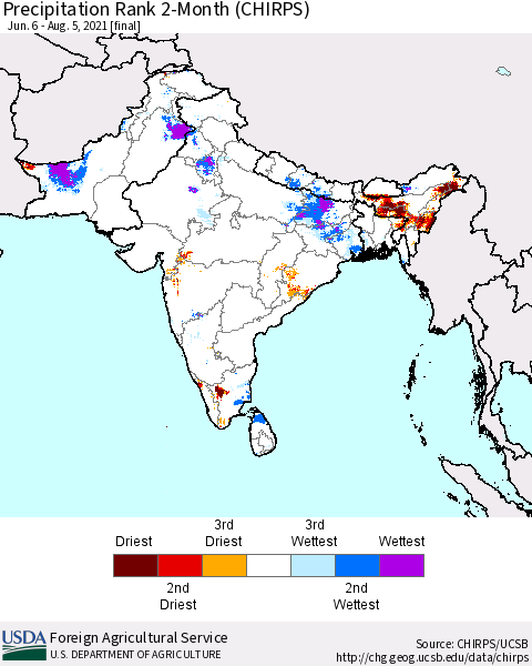 Southern Asia Precipitation Rank since 1981, 2-Month (CHIRPS) Thematic Map For 6/6/2021 - 8/5/2021