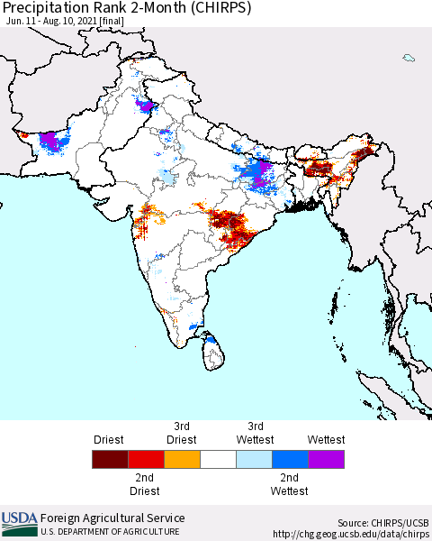 Southern Asia Precipitation Rank since 1981, 2-Month (CHIRPS) Thematic Map For 6/11/2021 - 8/10/2021