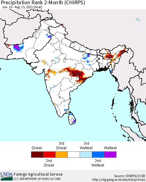 Southern Asia Precipitation Rank 2-Month (CHIRPS) Thematic Map For 6/16/2021 - 8/15/2021