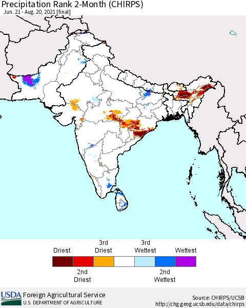 Southern Asia Precipitation Rank since 1981, 2-Month (CHIRPS) Thematic Map For 6/21/2021 - 8/20/2021