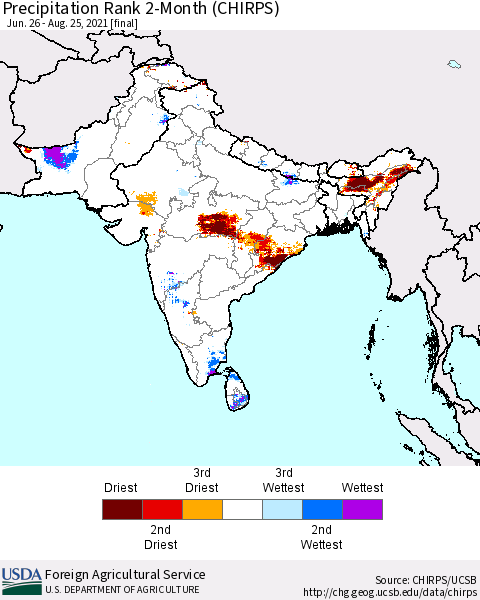Southern Asia Precipitation Rank 2-Month (CHIRPS) Thematic Map For 6/26/2021 - 8/25/2021