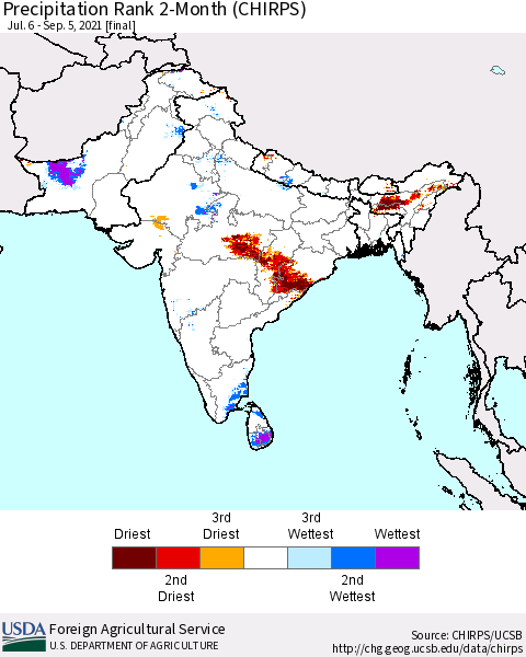 Southern Asia Precipitation Rank 2-Month (CHIRPS) Thematic Map For 7/6/2021 - 9/5/2021