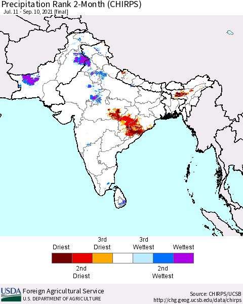 Southern Asia Precipitation Rank 2-Month (CHIRPS) Thematic Map For 7/11/2021 - 9/10/2021
