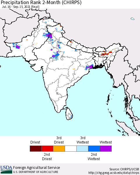 Southern Asia Precipitation Rank 2-Month (CHIRPS) Thematic Map For 7/16/2021 - 9/15/2021