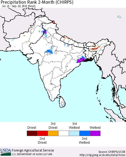 Southern Asia Precipitation Rank 2-Month (CHIRPS) Thematic Map For 7/21/2021 - 9/20/2021