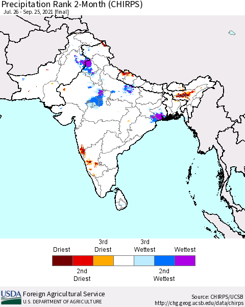 Southern Asia Precipitation Rank since 1981, 2-Month (CHIRPS) Thematic Map For 7/26/2021 - 9/25/2021