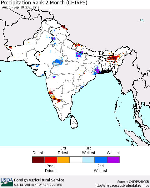 Southern Asia Precipitation Rank 2-Month (CHIRPS) Thematic Map For 8/1/2021 - 9/30/2021