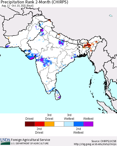 Southern Asia Precipitation Rank 2-Month (CHIRPS) Thematic Map For 8/11/2021 - 10/10/2021