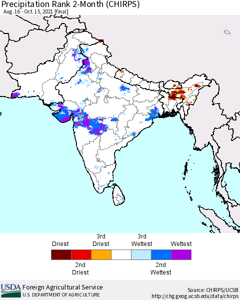 Southern Asia Precipitation Rank 2-Month (CHIRPS) Thematic Map For 8/16/2021 - 10/15/2021