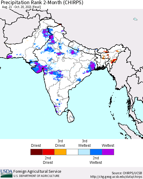 Southern Asia Precipitation Rank 2-Month (CHIRPS) Thematic Map For 8/21/2021 - 10/20/2021