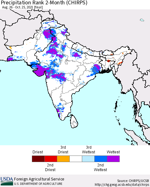 Southern Asia Precipitation Rank 2-Month (CHIRPS) Thematic Map For 8/26/2021 - 10/25/2021