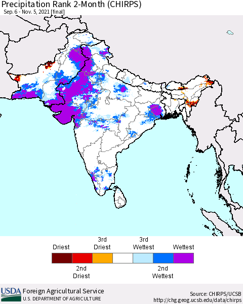 Southern Asia Precipitation Rank since 1981, 2-Month (CHIRPS) Thematic Map For 9/6/2021 - 11/5/2021