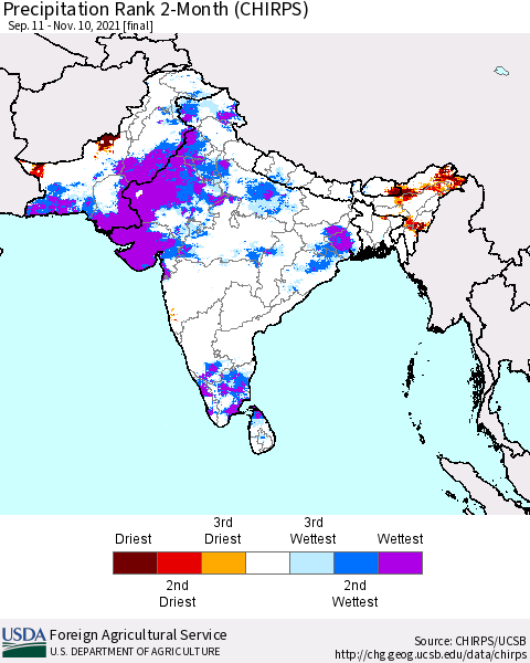 Southern Asia Precipitation Rank 2-Month (CHIRPS) Thematic Map For 9/11/2021 - 11/10/2021
