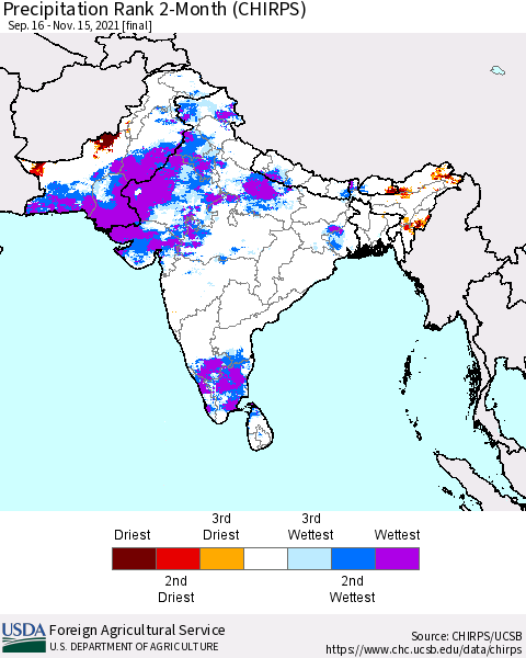 Southern Asia Precipitation Rank since 1981, 2-Month (CHIRPS) Thematic Map For 9/16/2021 - 11/15/2021