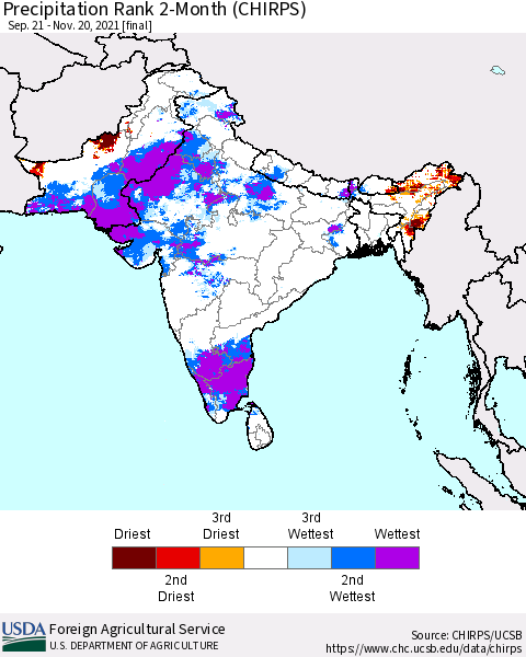 Southern Asia Precipitation Rank 2-Month (CHIRPS) Thematic Map For 9/21/2021 - 11/20/2021
