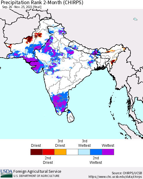 Southern Asia Precipitation Rank since 1981, 2-Month (CHIRPS) Thematic Map For 9/26/2021 - 11/25/2021