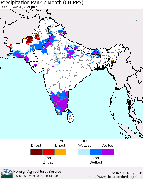 Southern Asia Precipitation Rank 2-Month (CHIRPS) Thematic Map For 10/1/2021 - 11/30/2021