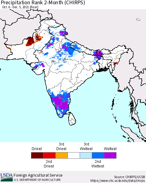 Southern Asia Precipitation Rank 2-Month (CHIRPS) Thematic Map For 10/6/2021 - 12/5/2021