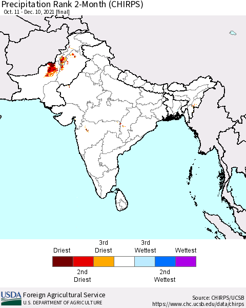 Southern Asia Precipitation Rank 2-Month (CHIRPS) Thematic Map For 10/11/2021 - 12/10/2021