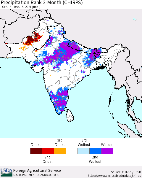 Southern Asia Precipitation Rank since 1981, 2-Month (CHIRPS) Thematic Map For 10/16/2021 - 12/15/2021