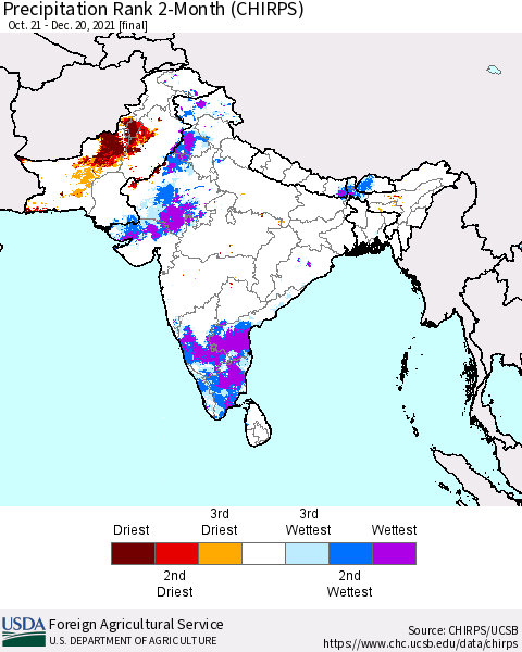 Southern Asia Precipitation Rank since 1981, 2-Month (CHIRPS) Thematic Map For 10/21/2021 - 12/20/2021
